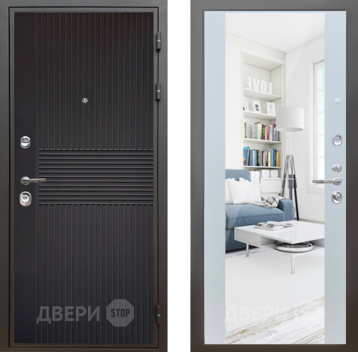 Входная металлическая Дверь Шелтер (SHELTER) Комфорт Черная шагрень 13 с зеркалом Белый матовый в Можайске