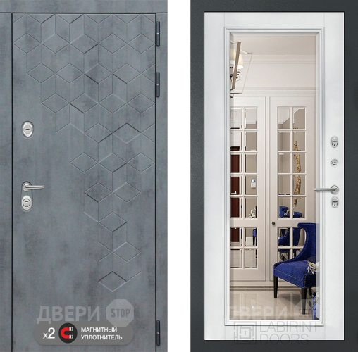 Входная металлическая Дверь Лабиринт (LABIRINT) Бетон Зеркало Фацет с багетом Белый софт в Можайске