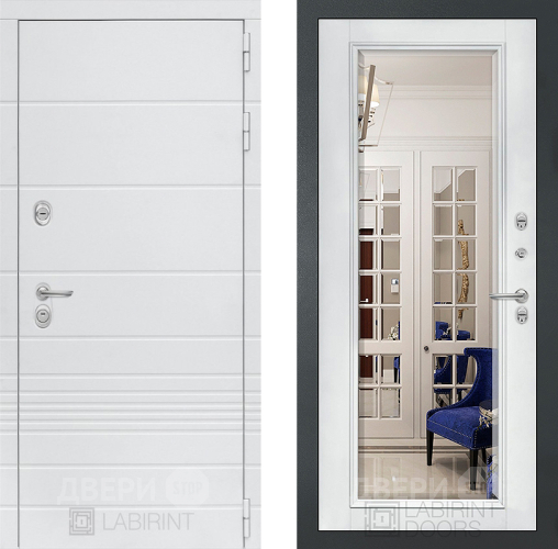 Дверь Лабиринт (LABIRINT) Трендо Зеркало Фацет с багетом Белый софт в Можайске