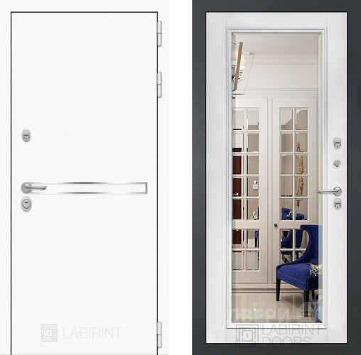 Входная металлическая Дверь Лабиринт (LABIRINT) Лайн White Зеркало Фацет с багетом Белый софт в Можайске