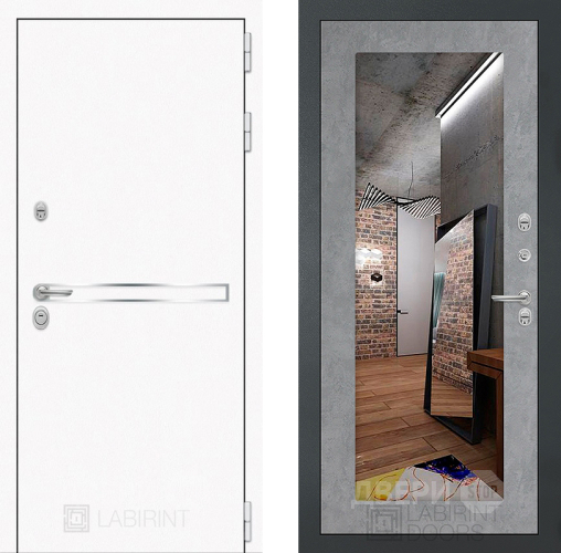 Входная металлическая Дверь Лабиринт (LABIRINT) Лайн White Зеркало 18 Бетон светлый в Можайске