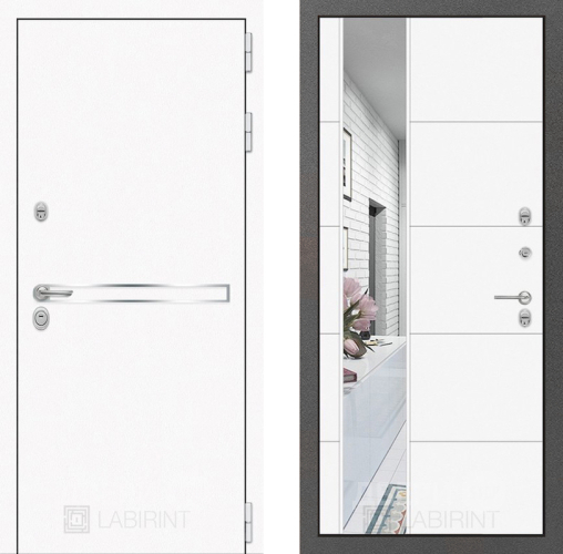 Входная металлическая Дверь Лабиринт (LABIRINT) Лайн White Зеркало 19 Белый софт в Можайске