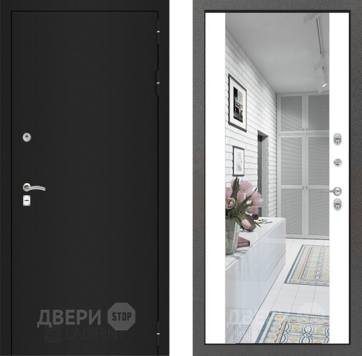 Дверь Лабиринт (LABIRINT) Classic шагрень черная Зеркало Максимум Белый софт в Можайске