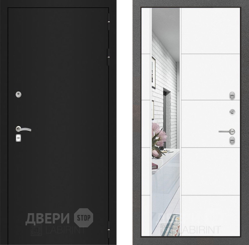 Дверь Лабиринт (LABIRINT) Classic шагрень черная Зеркало 19 Белый софт в Можайске