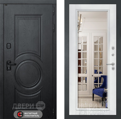 Входная металлическая Дверь Лабиринт (LABIRINT) Гранд Зеркало Фацет с багетом Белый софт в Можайске