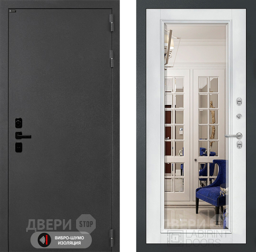 Входная металлическая Дверь Лабиринт (LABIRINT) Acustic Зеркало Фацет с багетом Белый софт в Можайске